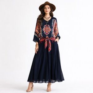 Carole Little Black Teal Ethnic Boho Maxi Dress 12 Vintage 80s Festival Resort